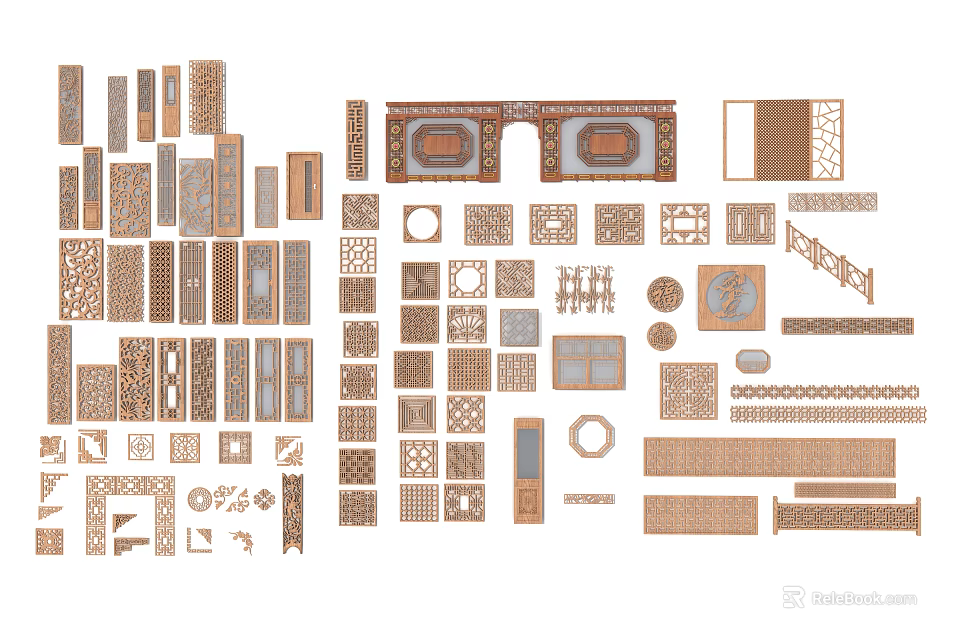 Wooden Carved Decorative Panels with Geometric Lattice Patterns and Ornate Designs for Interior Decoration 3d model 