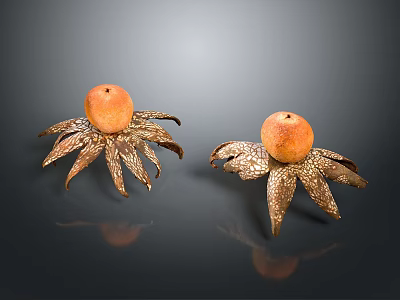 Two Orange Fruited Plants With Metallic Leaf Like Structures On Black Surface 3d model