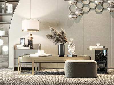 Modern Living Room Coffee Table With Metal Frame Decorative Vase Sculpture And Round Pouf 3d model