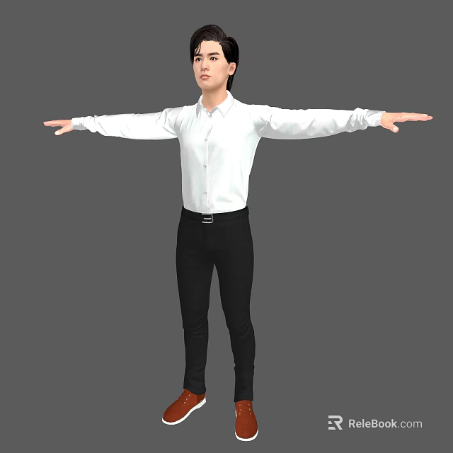Man in white shirt and black pants with arms outstretched standing against gray background 3d model 