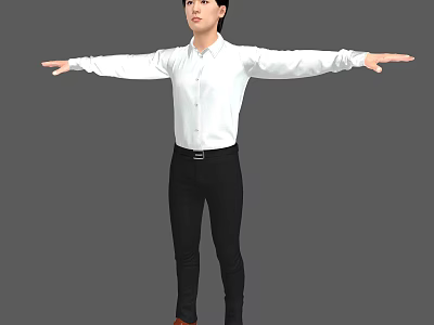 Man in white shirt and black pants with arms outstretched standing against gray background 3d model