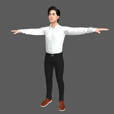 Man in white shirt and black pants with arms outstretched standing against gray background 3d model