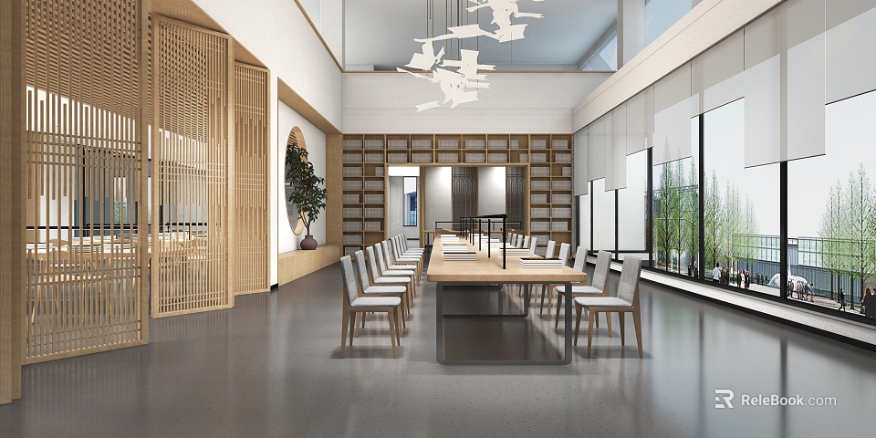 Modern Library Interior With Wooden Shelves Chairs And Natural Light 3d model 