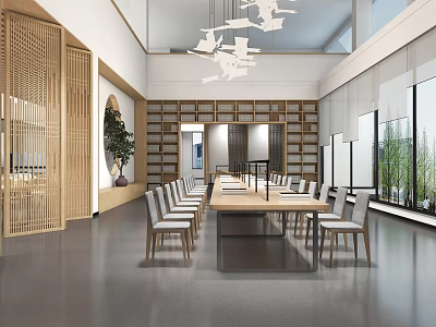 Modern Library Interior With Wooden Shelves Chairs And Natural Light 3d model
