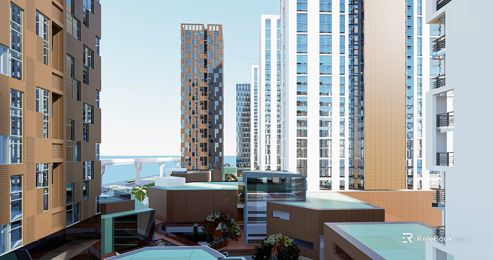 Modern Urban High Rise Buildings With Low Rise Structures And Coastal Greenery 3d model 