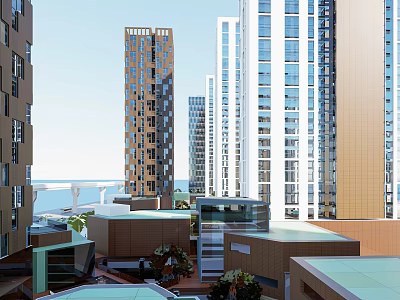 Modern Urban High Rise Buildings With Low Rise Structures And Coastal Greenery 3d model