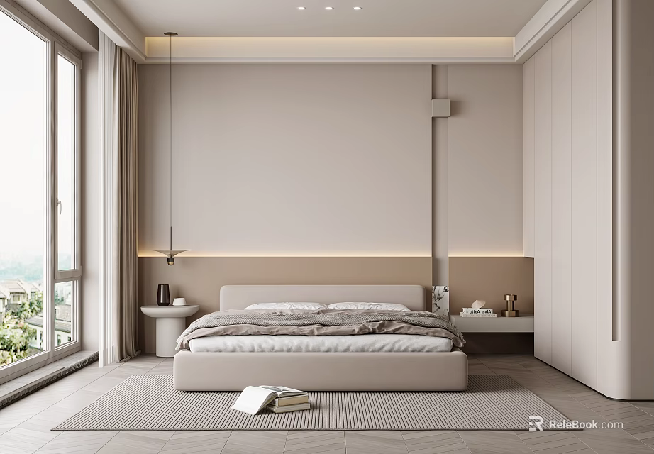 Modern Minimalist Bedroom Interior With Bed Bedhead LED Strip Lights Nightstands Large Windows And Rug 3d model 