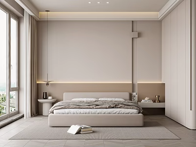 Modern Minimalist Bedroom Interior With Bed Bedhead LED Strip Lights Nightstands Large Windows And Rug 3d model
