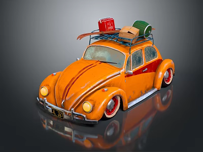 Vintage Orange Volkswagen Beetle With Roof Rack Carrying Colorful Luggage Boxes 3d model