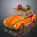 Vintage Orange Volkswagen Beetle With Roof Rack Carrying Colorful Luggage Boxes