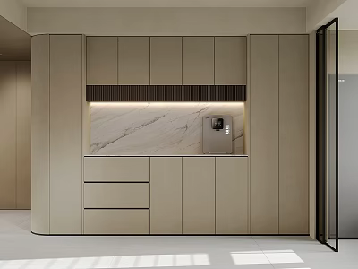Modern Light Beige Sideboard With Marble Countertop Cabinets Drawers And LED Lighting 3d model