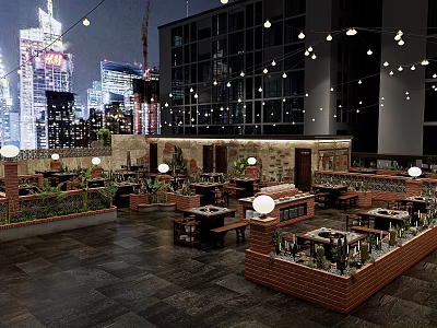 Outdoor Terrace Restaurant With City Night View String Lights And Green Plants 3d model