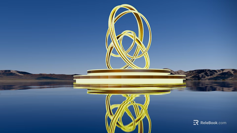 Golden Circular Rings Sculpture on Water Surface with Reflection against Blue Sky and Mountains 3d model 