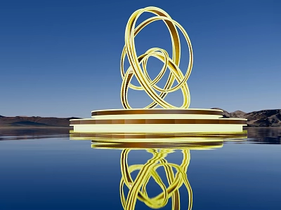 Golden Circular Rings Sculpture on Water Surface with Reflection against Blue Sky and Mountains 3d model