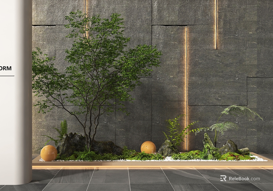 Modern Indoor Landscape With Gray Stone Wall Vertical Light Strips Green Tree And Orange Spheres 3d model 