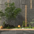 Modern Indoor Landscape With Gray Stone Wall Vertical Light Strips Green Tree And Orange Spheres