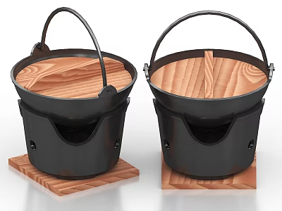 Black Bucket Shaped Kitchen Utensils With Handles On Wooden Bases 3d model