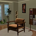 Beige Lounge Chair With Wooden Armrests Floor Lamp Bookshelf And Indoor Plants