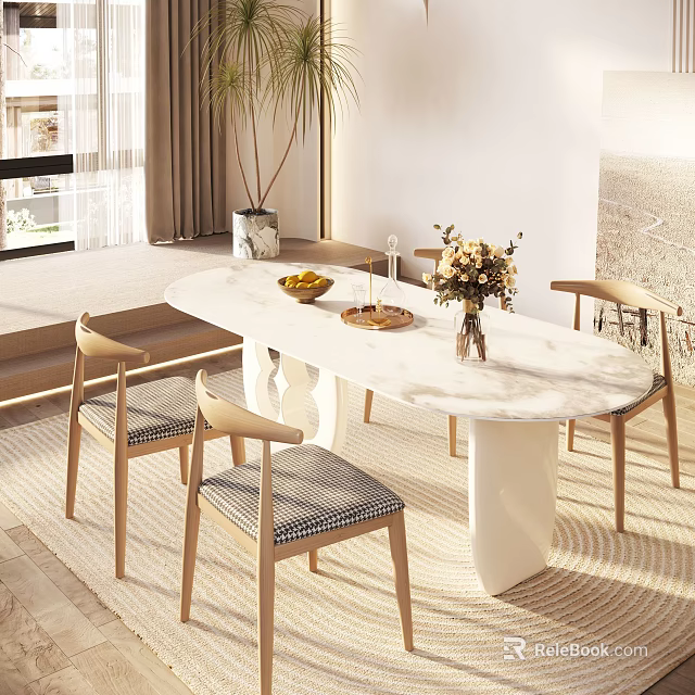 Modern Dining Table Set With Marble Top Wooden Chairs Flower Vase And Fruit Bowl 3d model 