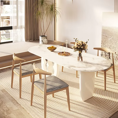 Modern Dining Table Set With Marble Top Wooden Chairs Flower Vase And Fruit Bowl 3d model