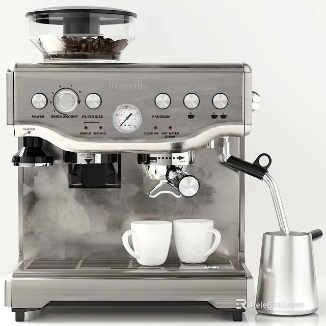 Breville Stainless Steel Espresso Machine With White Coffee Cups And Milk Frother 3d model 
