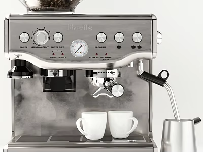 Breville Stainless Steel Espresso Machine With White Coffee Cups And Milk Frother 3d model