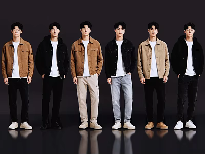 Six Young Men Standing in Line Wearing Jackets and Pants On Dark Background With Reflective Floor 3d model