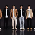Six Young Men Standing in Line Wearing Jackets and Pants On Dark Background With Reflective Floor