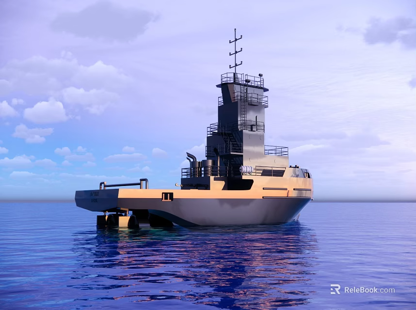 Modern Seagoing Vessel With Tower Floating On Blue Ocean Under Cloudy Sky 3d model 