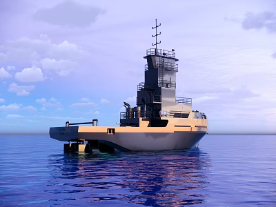 Modern Seagoing Vessel With Tower Floating On Blue Ocean Under Cloudy Sky 3d model