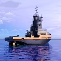 Modern Seagoing Vessel With Tower Floating On Blue Ocean Under Cloudy Sky
