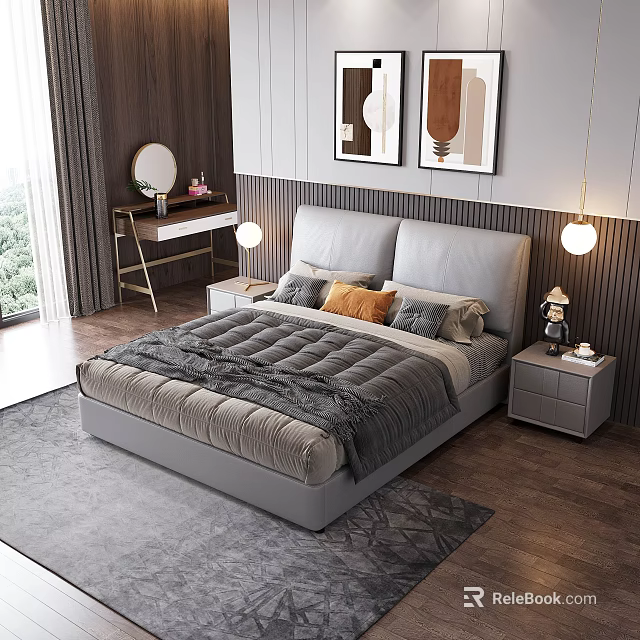 Modern Bedroom With Upholstered Headboard Wall Art Nightstands And Gray Rug 3d model 