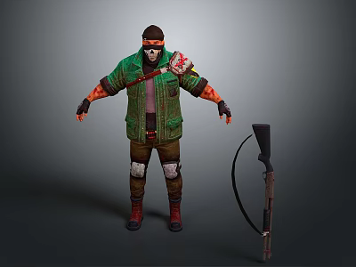 A Man Wearing Green Jacket And Mask With Axe On Shoulder Standing Next To Rifle 3d model