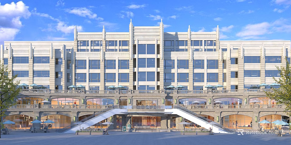 Commercial Street Modern Classical Building With Large Glass Windows Ground Floor Shops And Outdoor Seating 3d model 