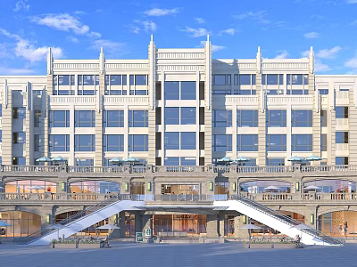 Commercial Street Modern Classical Building With Large Glass Windows Ground Floor Shops And Outdoor Seating 3d model