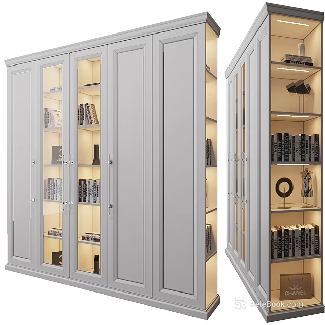 Gray Cabinet With Glass Doors Shelves Books Decorations And Lighting 3d model 