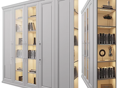 Gray Cabinet With Glass Doors Shelves Books Decorations And Lighting 3d model