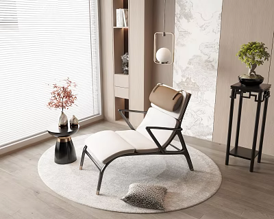 Modern Lounge Chair with Black Metal Frame and Beige Cushion on Round Rug by Window 3d model