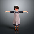 Woman in Gray Apron and Dark Blue Top with Arms Outstretched on Gray Background