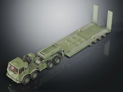 Green Military Truck Model With Large Flatbed Trailer And Multiple Wheels 3d model