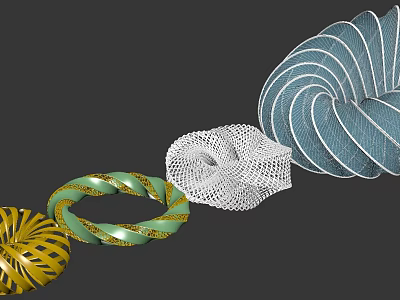 Colorful Woven Spiral Decorative Objects With Textured Patterns In Yellow Green White And Blue 3d model