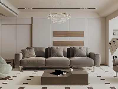 Modern Living Room With Gray Sofa Geometric Pattern Carpet Chandelier Wooden Panels And Coffee Table 3d model