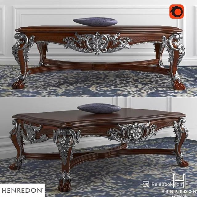 Classic Wooden Coffee Table With Intricate Carvings Curved Legs And Silver Metal Accents 3d model 