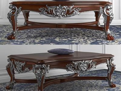 Classic Wooden Coffee Table With Intricate Carvings Curved Legs And Silver Metal Accents 3d model