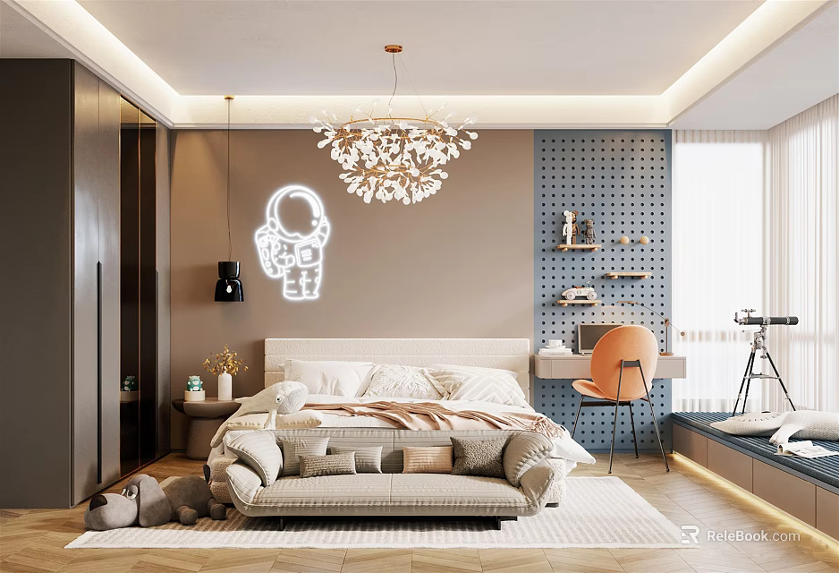 Modern Kids Room Interior With Astronaut Sticker Chandelier Bookshelf Orange Chair Bed And Toys Rug 3d model 