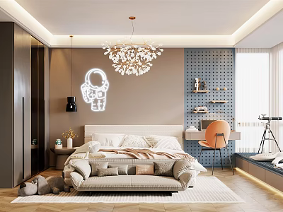 Modern Kids Room Interior With Astronaut Sticker Chandelier Bookshelf Orange Chair Bed And Toys Rug 3d model