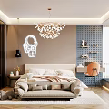 Modern Kids Room Interior With Astronaut Sticker Chandelier Bookshelf Orange Chair Bed And Toys Rug