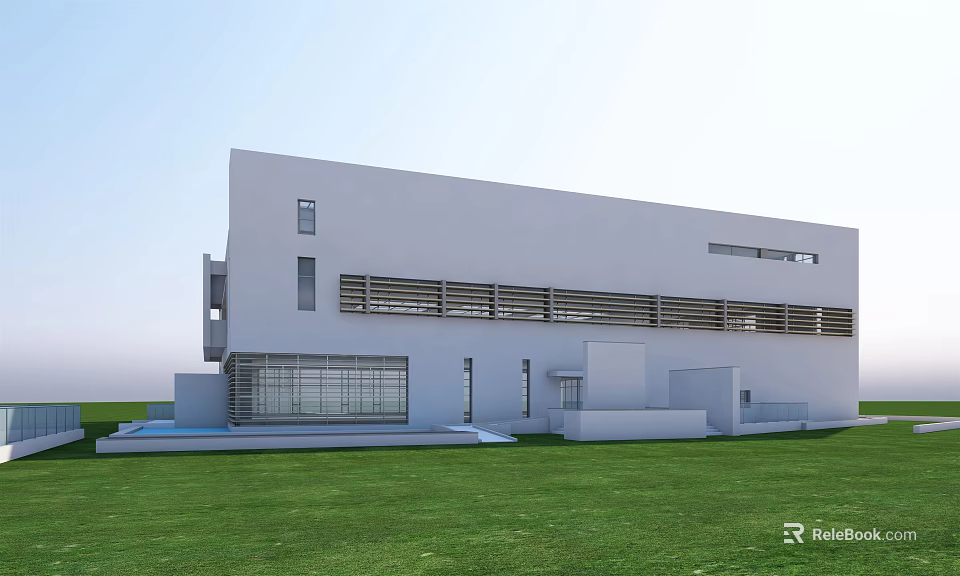 Modern Office Building With White Exterior Large Windows Sleek Design And Green Lawn Frontage 3d model 