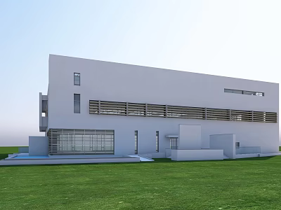 Modern Office Building With White Exterior Large Windows Sleek Design And Green Lawn Frontage 3d model