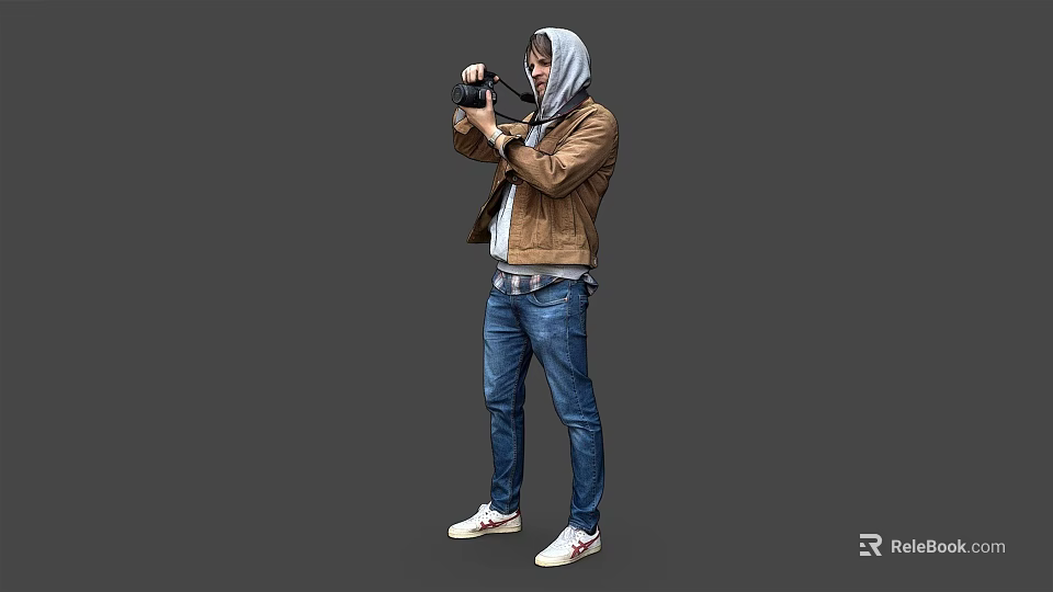 Man In Brown Jacket Hoodie And Jeans Taking Photos With Camera 3d model 